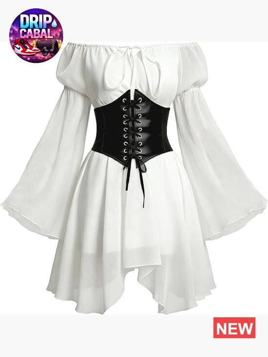 Dresses & Skirts - Off Shoulder Bell Sleeve Lace Up Corset Mini Dress Flowy Fairy